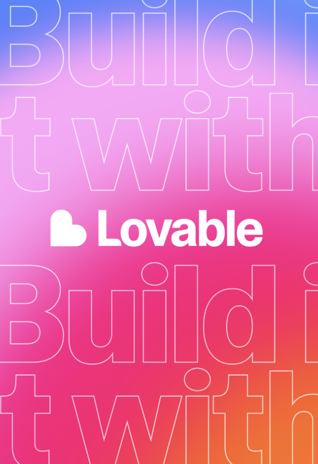 Gradient roz-portocaliu cu textul 'Build it with Lovable' și logo-ul Lovable